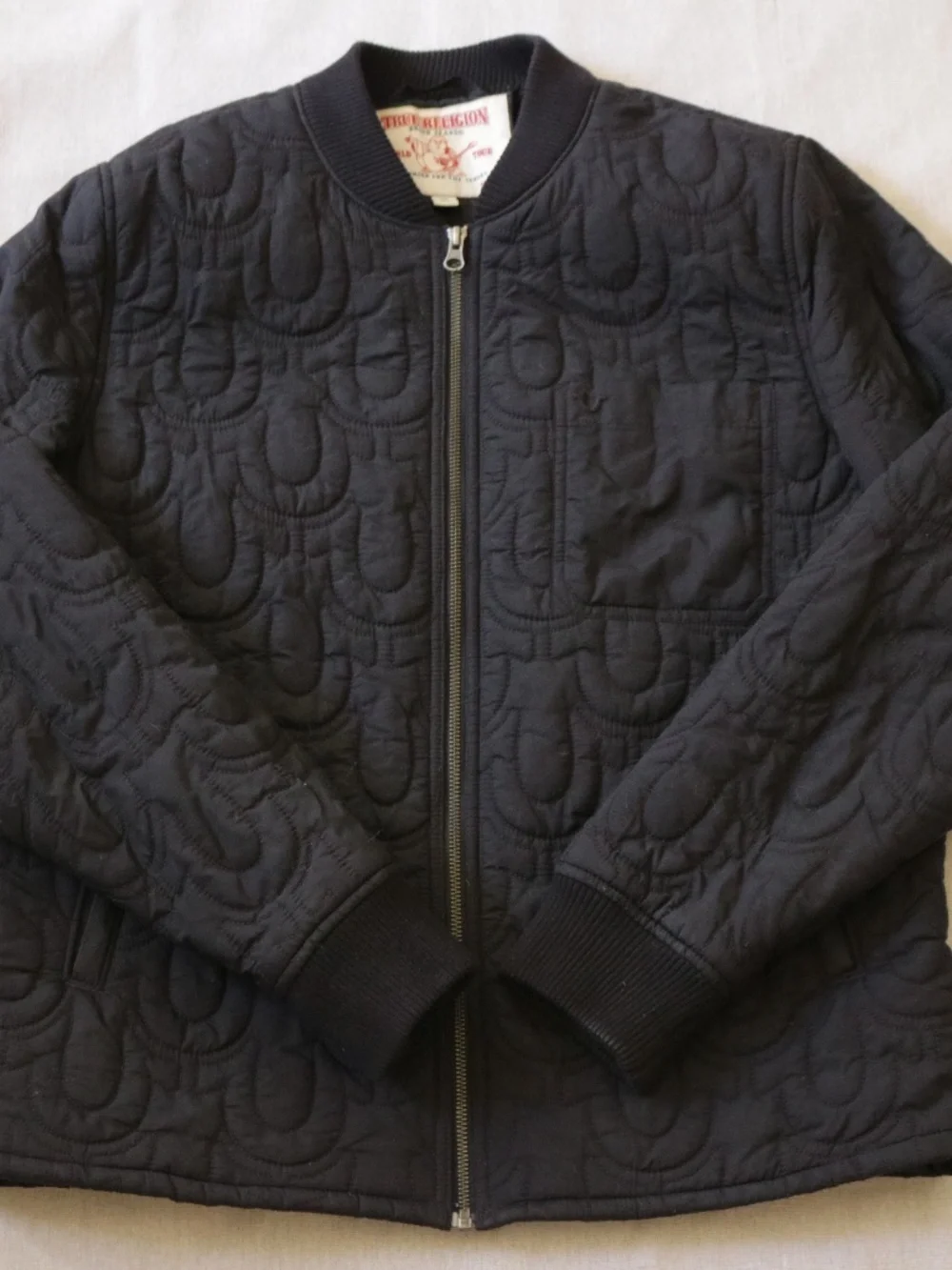 True Religion Men's Size L Black Long Sleeve Full-Zip Quilted Bomber Jacket